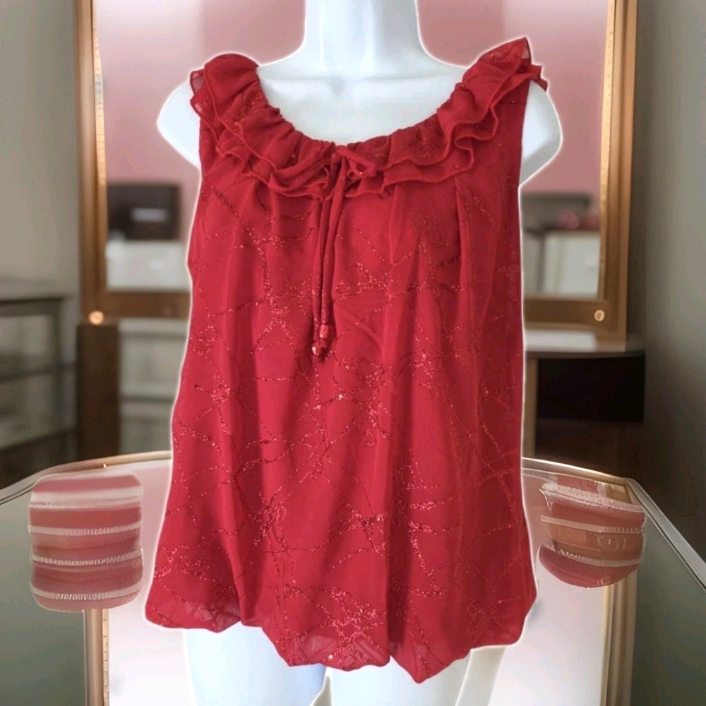 Dress Barn Popover Top PL Red Glitter Sparkle Whimsy Ruffle Blouson Holiday Chic